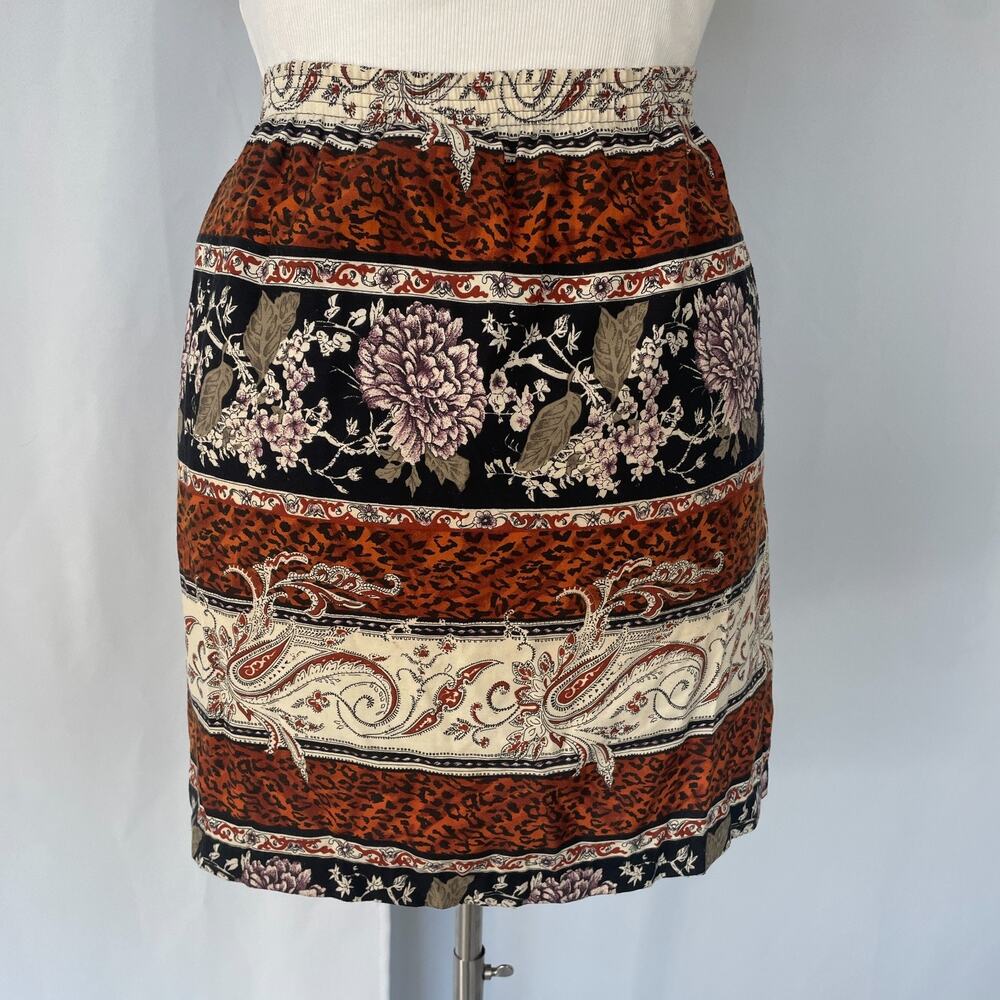 Vintage Mini Skirt Size 14 Black Brown Mix Print Cheetah Floral Boho Pull On 90s - Picture 8 of 16